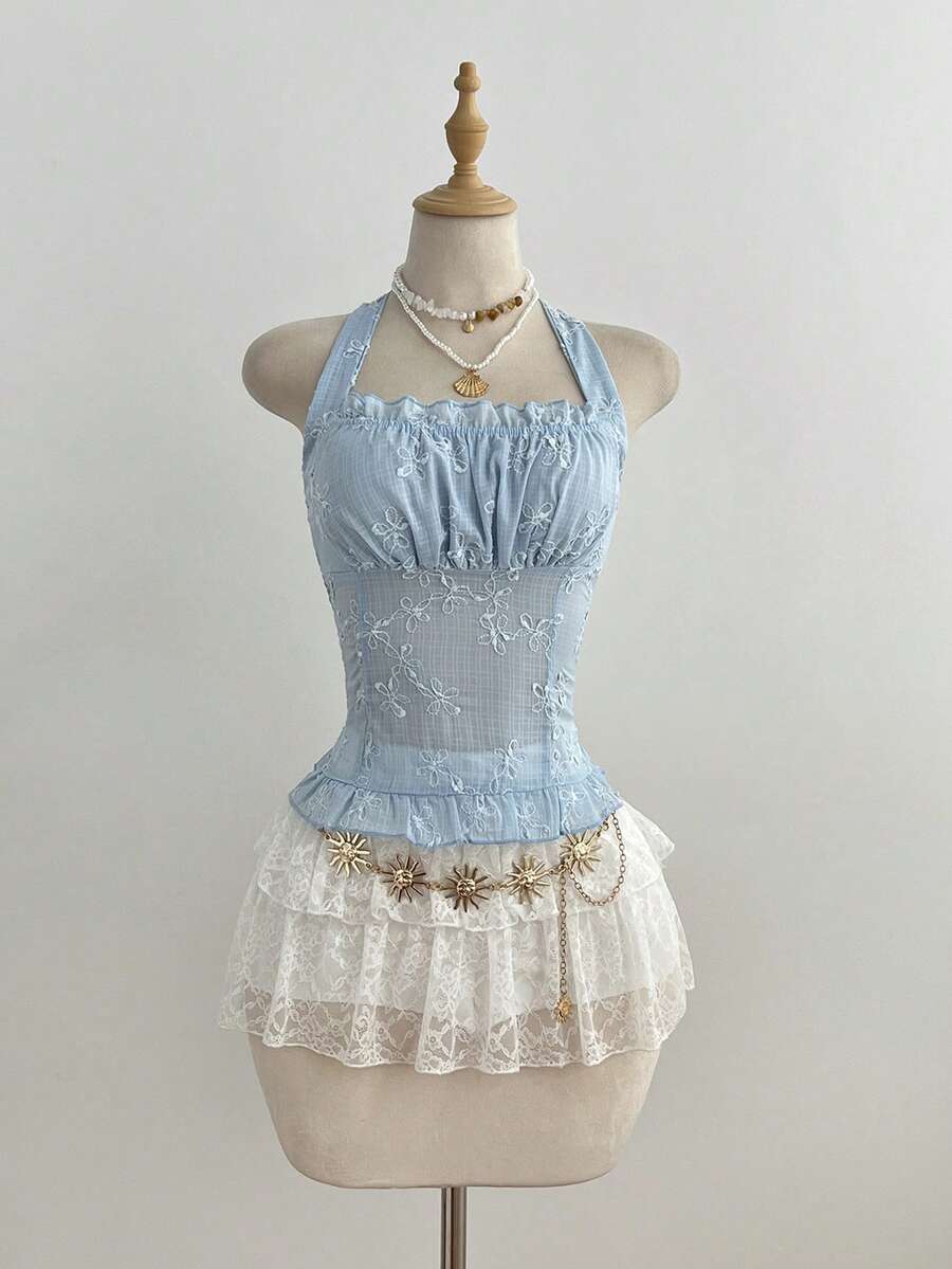 Elamini Áo hai dây mùa hè dễ thương, ngọt ngào, chất liệu mỏng nhẹ, cổ buộc dây, viền bèo nhún. - Màu xanh lam - Xem 1