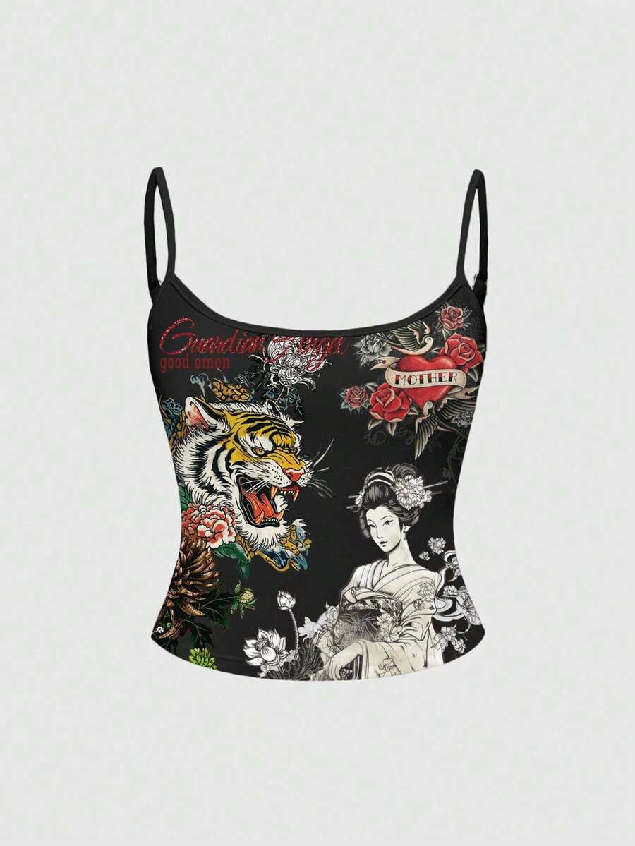 ROMWE Avant Áo tank top nữ phong cách punk gợi cảm, họa tiết hổ, tre, thư pháp, hoa hồng và hoa cúc, lấy cảm hứng từ lễ hội âm nhạc Trung Quốc mới. - màu đen - Xem 1