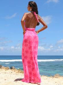 Opulessa Đầm dệt kim in họa tiết ôm dáng dành cho nữ, thích hợp cho kỳ nghỉ xuân/hè. - Hồng - Xem 2