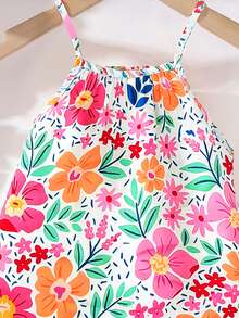SHEIN Playful Pals 女婴无袖连衣裙，休闲度假风，彩色碎花印花，活泼清新的吊带设计，适合夏季穿着，适合女婴户外玩耍和日常穿着。 - 彩色 - 查看 4