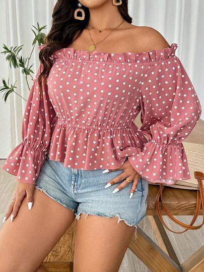 Breezaya Áo kiểu nữ cỡ lớn cổ điển chấm bi, eo chun, tay bồng, trễ vai, thanh lịch, đa năng, thích hợp mặc thường ngày.