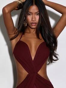Normani Deep Burgundy Summer 70s Dress For Women,Knitted Patchwork Mesh Club Night Party Gown,Vintage 2000s Y2k 90S Rave Outfits,Elegant Prom Evening Dresses - Burgundy - View 7