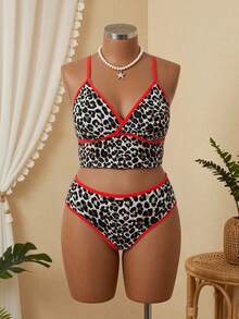 Slaydiva Plus Size Multicolor Leopard Print Lace-Up V-Neck Tankini Top & Mid-Waist Bikini Bottom Set, Sexy Mature Beach Vacation Casual Swimwear - Multicolor - View 7