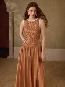 MOTF PREMIUM TEXTURED BODICE SHINY FLARED HEM FITTED ELEGANT WOMEN LONG DRESS - Champagne - View 4