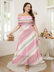 Reflora Đầm lệch vai kẻ sọc thanh lịch tối giản dành cho nữ cỡ lớn - Nhiều màu - Xem 10