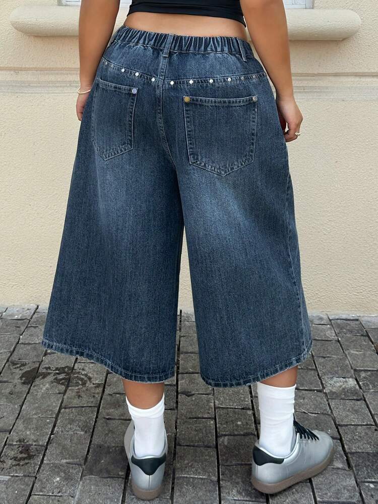 Dazy Plus Loose Korean Style Rhinestone Decor Plus Size Women's Spring/Summer Street Washed Denim Bermuda Shorts