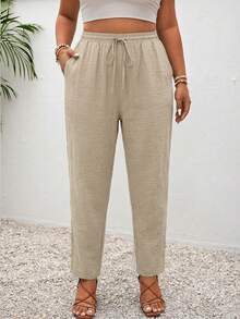 SHEIN Frenchy 母亲节休闲百搭大码度假纯色舒适绉纹面料长裤，带口袋 - 卡其色 - 查看 5