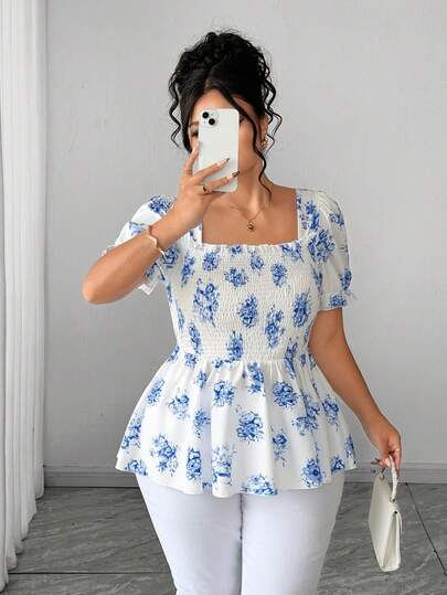 Elenzga Plus Size Women's Elegant Floral Print Square Collar Short Sleeve Ruched Waist A-Line Blouse, Summer