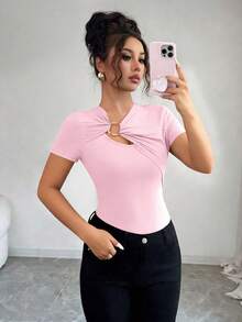 Elenzga 女士独特优雅镂空设计金属圆环装饰修身腰部浅蓝色短袖T恤 - 粉色 - 查看 5