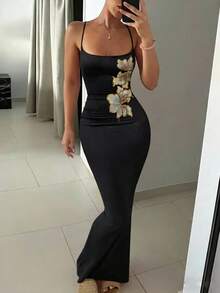 Rafferiza Vestido maxi negro sexy de punto con tirantes finos, con aplicaciones, que estiliza la figura, para mujeres en verano - Negro - Ver 1