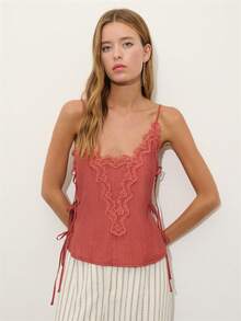 Nöista Terracotta Top With Ornate Lace Trim Along The Neckline And Center Panel. Adjustable Side Tie Details With Customizable Fit. Perfect For Date Nights, Spring, Summer, Holiday Vacation Look. - Coral Orange - View 10
