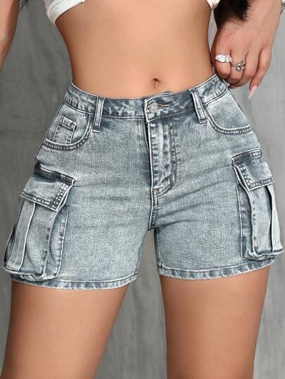 SHEIN ICON Plus Size Women's Denim Shorts, Cargo Shorts