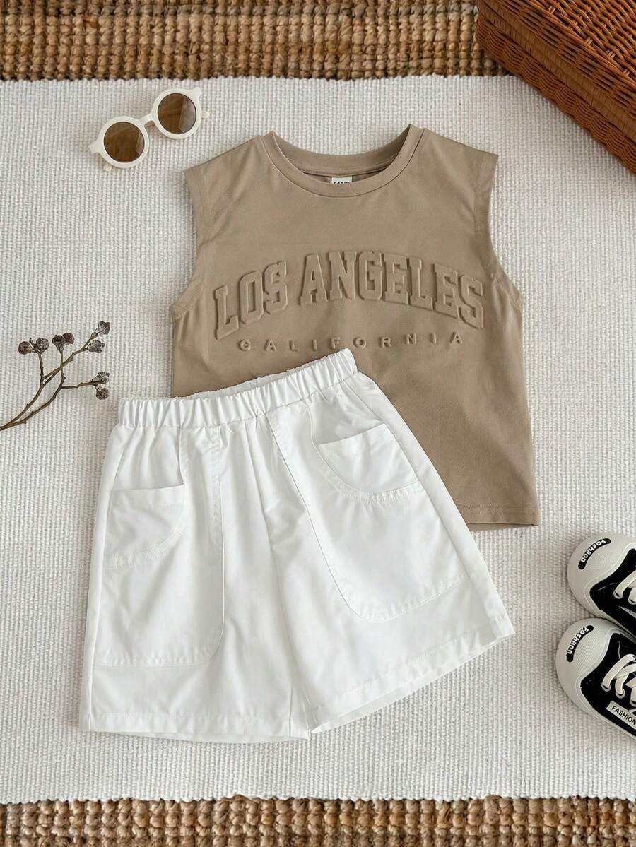 2件套男童休闲时尚背心套装/T恤套装，时尚3D压纹无袖针织上衣搭配白色工装短裤，男童套装 - 卡其色 - 查看 1