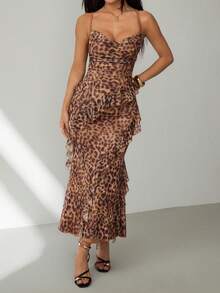 SHEIN PETITE 女士彩色复古印花垂褶领口层叠荷叶边连衣裙，度假风，豹纹印花，优雅女士连衣裙，棕色连衣裙，女士度假装扮 - 彩色 - 查看 5