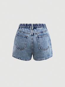 SHEIN Girlism Váy quần jean nữ tuổi teen phong cách Y2K, kiểu dáng bất đối xứng, cạp chun, thích hợp cho mùa xuân và hè, thanh lịch và nghỉ lễ, thích hợp cho kỳ nghỉ hè, đi biển. - Màu xanh lam - Xem 7