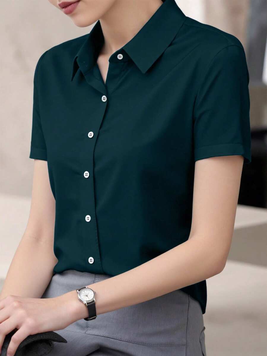 INAWLY 女式休闲纯色短袖百搭衬衫 - 藏蓝色 - 查看 1