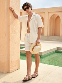 ZELFYO Men's Solid Color Shirt And Shorts Beach Outfit - Beige - View 6