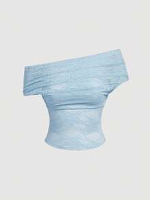 SHEIN MOD 女士蕾丝拼接荷叶边休闲百搭日常上衣 - 藍色 - 查看 5