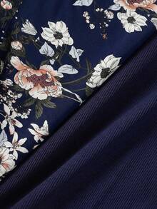 SHEIN LUNE 大尺碼女款夏季休閒度假日常通勤純色荷葉邊袖口上衣與花卉印花抽繩腰短褲兩件套 - 藏蓝色 - 查看 7