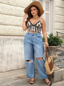SHEIN LUNE Quần jeans ống rộng rách dáng casual dành cho nữ cỡ lớn - Rửa nhẹ - Xem 5