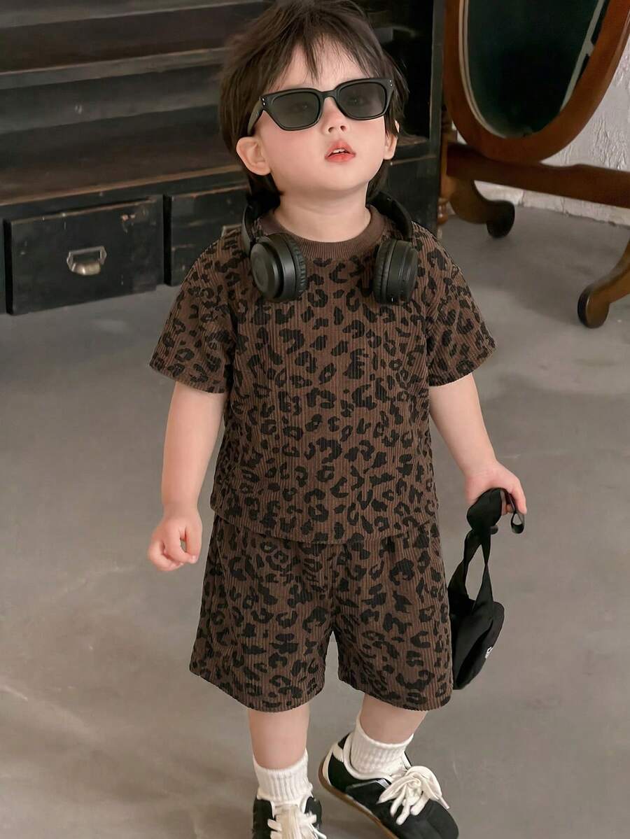 DAZY 2pcs Baby Boy Leopard Print Round Neck Short Sleeve T-Shirt And Shorts Set Summer - Coffee Brown - View 1