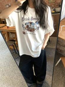 DAZY 女士圆领字母印花休闲宽松夏季短袖T恤图案T恤 - 白色 - 查看 6