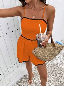 Breezaya Burnt Orange Casual Jumpsuit,Summer Boho Elegant Beach Vacation Holiday,Spaghetti Strap Contrast Color Lace Patchwork Beach Outfit For Women - Coral Orange - View 3