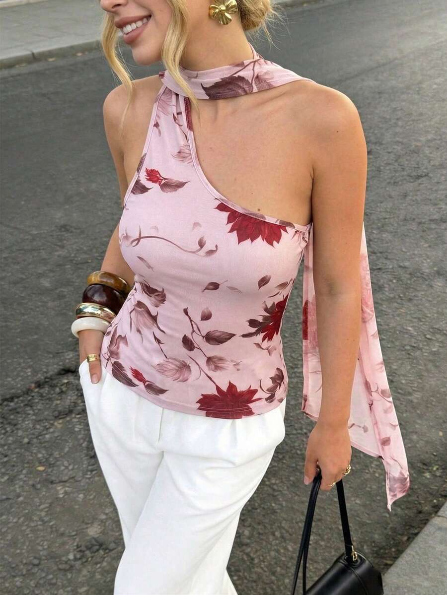 SHEIN Raffinéa Blusa sin mangas con cuello halter y estampado floral con cintas para mujer - Rosa vieja - Ver 1