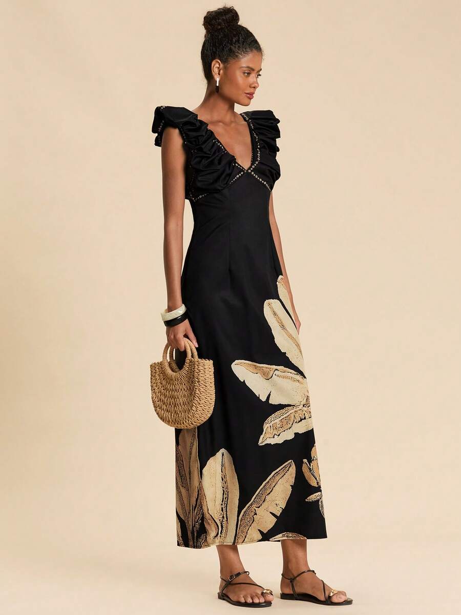 Travachic Deep V-Neck Elegant Casual Long Dress For Women Vacation Dinner Outfits For Women Resort Dresses For Women - Black - View 1