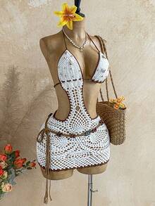 Soleia 女士夏季度假沙滩镂空钩针吊带针织连衣裙 - 白色 - 查看 3