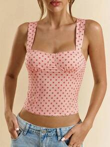 SHEIN BAE 女士约会之夜女友派对生日派对夜店装扮假日派对优雅黑色波点吊带背心，女友派对，约会，日常通勤束身衣，可爱束身衣，性感上衣夜店装，束身衣上衣，露肩上衣，夏季上衣，可爱上衣，女士夏季服装，束身衣上衣 - 珊瑚粉 - 查看 6