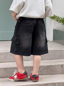 Dazy Kids Quần short denim dáng rộng, thoải mái, có túi hộp dành cho bé trai. - màu đen - Xem 2