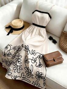 Franclia 女士长款连衣裙，优雅度假沙滩休闲吊带收腰时尚连衣裙，夏季沙滩连衣裙，数码印花，时尚度假风 - 彩色 - 查看 1