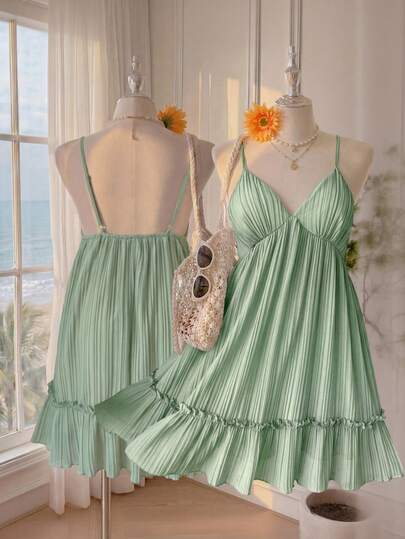 Comfortcana Đầm hai dây xếp ly dáng chữ A, màu xanh nhạt, phong cách thường ngày, cỡ lớn, thích hợp cho kỳ nghỉ.