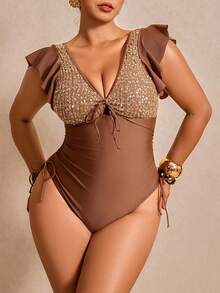 Elaquor Plus Size Women's Sequin Patchwork Front Tie Ruffle Sleeve One-Piece Swimsuit Summer Beach Vacation - Coffee Brown - View 4