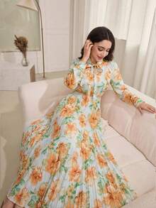 Modelyn Ruffled Tie Collar Pleated Patchwork Print Dress - Green - View 4