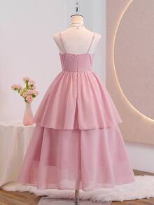 Elegant Chiffon Sleeveless Ruched Waist Layered Cake Skirt Dress,Summer Wedding Party Ninang Bridesmaids,Prom,Birthday Party,Graduation Season Pink - Dusty Pink - View 5
