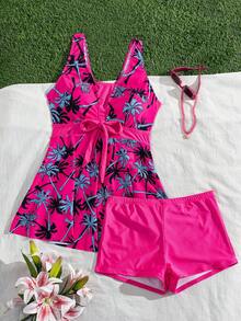 Slaydiva 大码女式两件套泳衣套装：椰子树印花比基尼上衣，纯色短裤下装，修身又迷人 - 彩色 - 查看 9