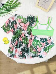 SHEIN 少女夏季度假拼接花卉印花镂空连体泳衣和罩衫 - 綠色 - 查看 5