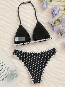 SHEIN Teen Girls Vintage Floral Print Spaghetti Strap Bikini Set, Summer Beach Outfit Apricot Knitted Texture Shell Decor Halter Neck Stitch Triangle Bikini Set, Summer Beach Bathing Suit - Multicolor - View 2