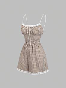 Sweetra Women's New Vintage Cute Plaid Strap Shorts, Suitable For Vacation, Daily Outing, Lace Trim Decoration, Romantic And Sweet Lady Jumpsuit, Picnic - Brown - View 1
