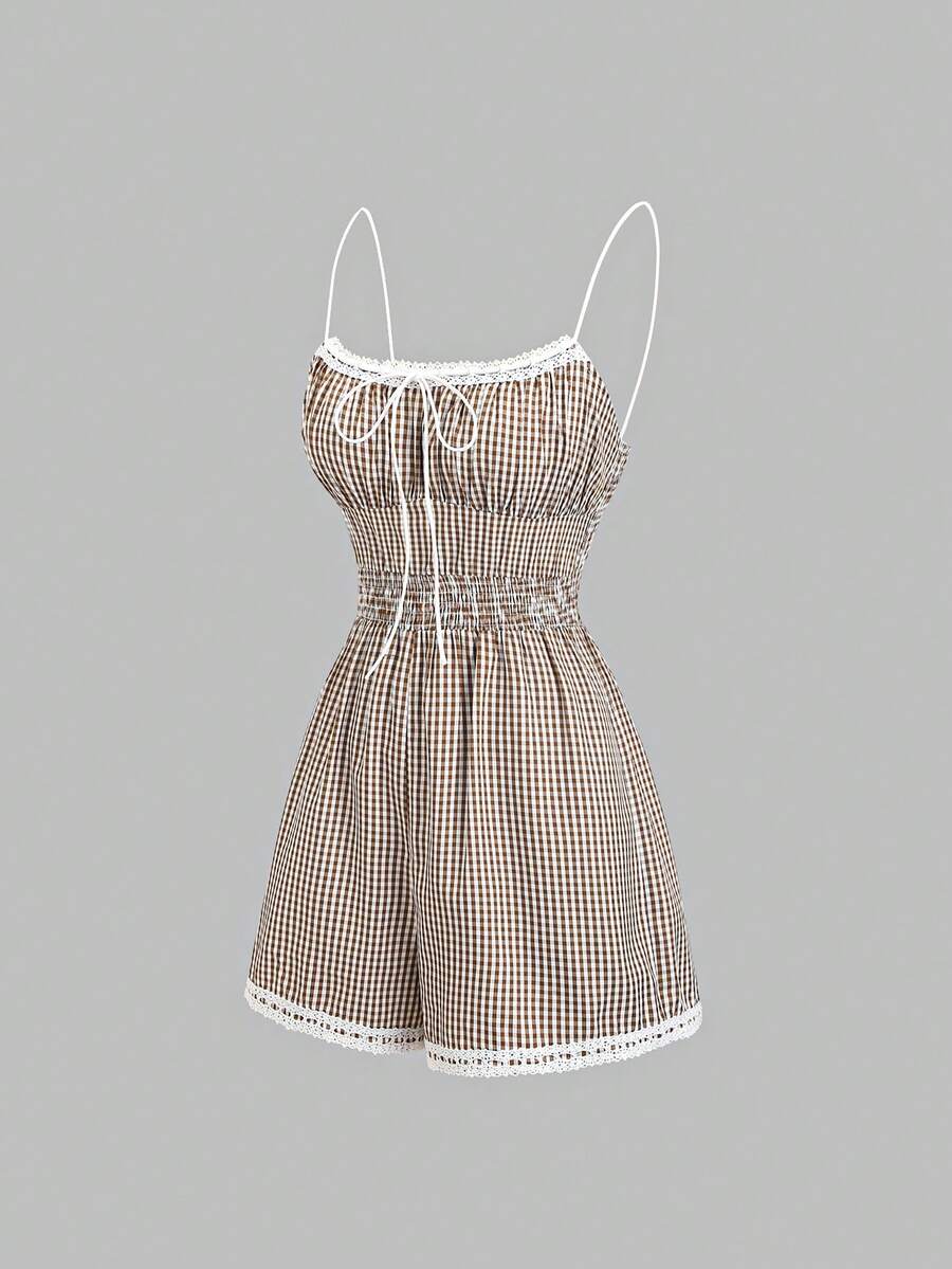 Sweetra Women's New Vintage Cute Plaid Strap Shorts, Suitable For Vacation, Daily Outing, Lace Trim Decoration, Romantic And Sweet Lady Jumpsuit, Picnic - Brown - View 1