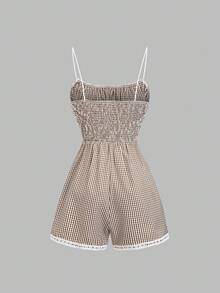 Sweetra Women's New Vintage Cute Plaid Strap Shorts, Suitable For Vacation, Daily Outing, Lace Trim Decoration, Romantic And Sweet Lady Jumpsuit, Picnic - Brown - View 2