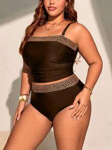 Swim Chiccia Plus Size Women's 2pcs Black Crochet Patchwork Crop Top & High Waist Triangle Bottoms Bikini Set,Gold Summer Classy Elegant Beach Minimalist Vacation - Coffee Brown - View 5