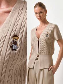 Briarwyn 女士时尚休闲扭结针织泰迪熊短袖开衫 - 杏色 - 查看 1