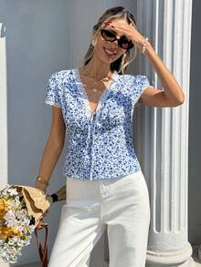 Pariaura Damskjorta med spetsdetaljer och knytband, trendig och mångsidig dejtskjorta för avslappnad användning - Blå - Visa 7