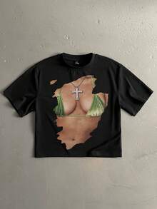 Manfinity ZONE917 短款方正版趣味沙滩度假性感女士印花黑色短款T恤，适合春夏穿着，是送给朋友的绝佳礼物。 - 黑色 - 查看 1