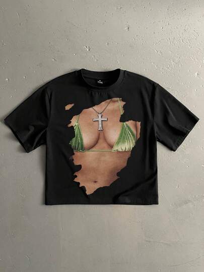 Manfinity ZONE917 Camiseta corta negra con estampado de mujer sexy en vacaciones en la playa, con forma de caja, adecuada para primavera/verano, gran regalo para amigos