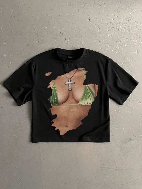 Manfinity ZONE917 Camiseta corta negra con estampado de mujer sexy en vacaciones en la playa, con forma de caja, adecuada para primavera/verano, gran regalo para amigos