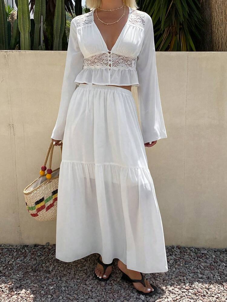 Women's Vacation Contrast Lace Long Sleeve Top And Midi Skirt Elegant 2-Piece Set